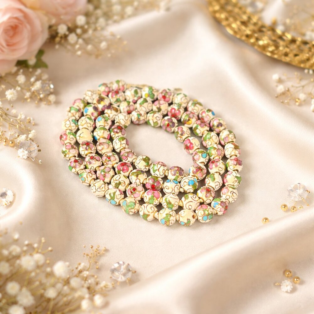 Vintage Cloisonné Beads 78 White Floral 7mm Round Enamel Beads Jewelry Making